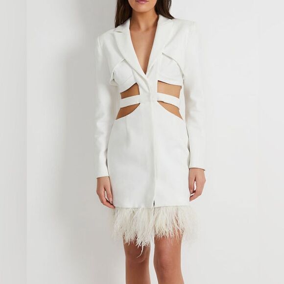 PATBO Feather Trim Cut-Out Mini Dress. White. Brand New! Sold Out Everywhere. - Picture 6 of 10
